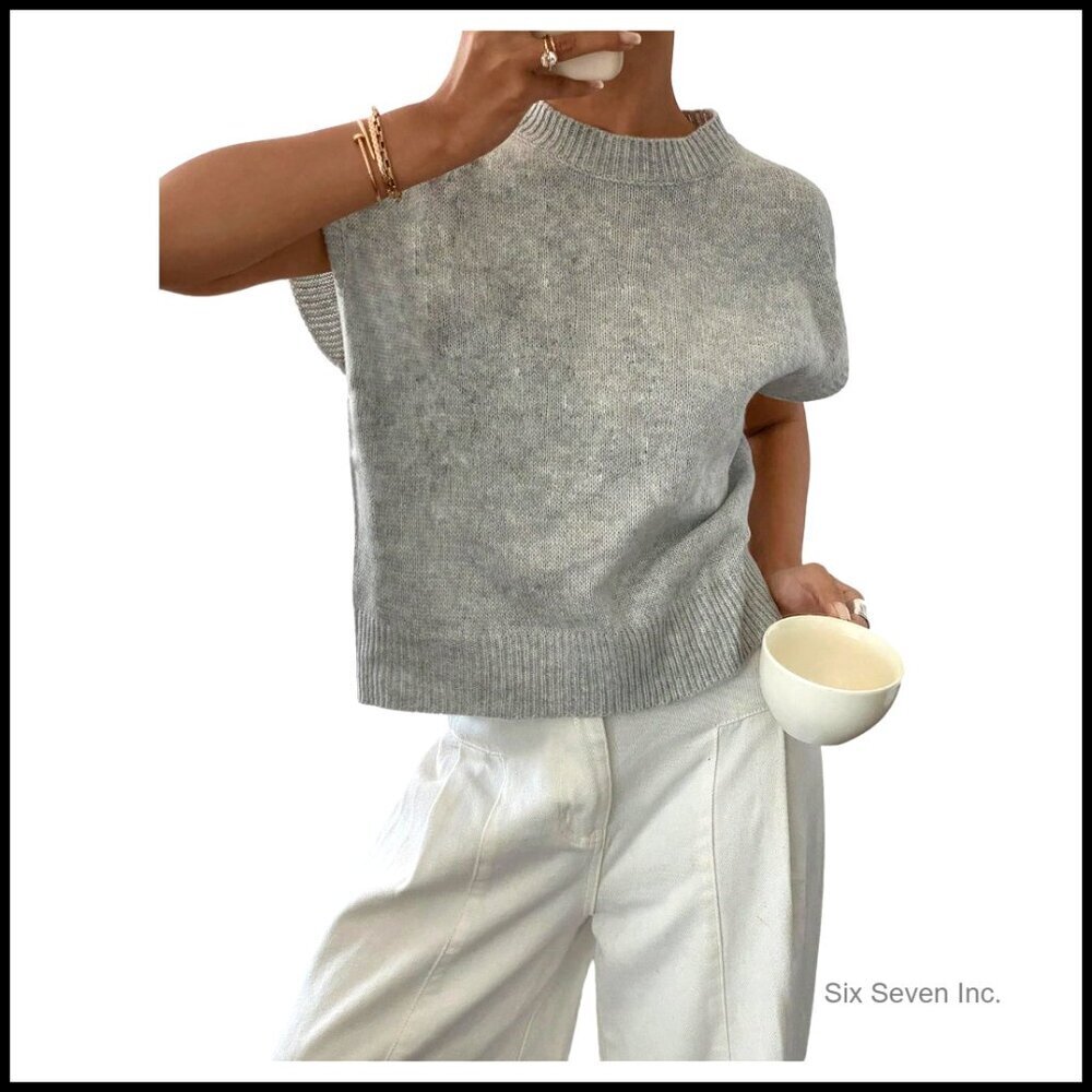 3D Floral Pullover Sweater Short Sleeve Knit Vest Trendy Chic Casual Wear